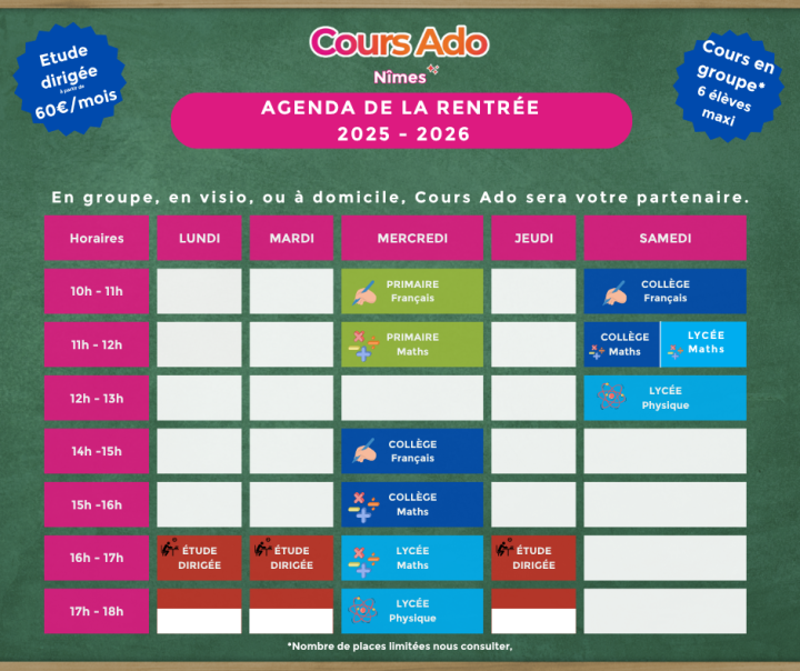🎓 Agenda des cours en groupe à Nîmes pour l’année scolaire 2025 – 2026