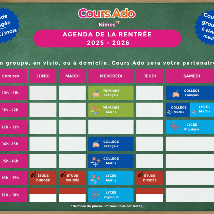 🎓 Agenda des cours en groupe à Nîmes pour l’année scolaire 2025 – 2026